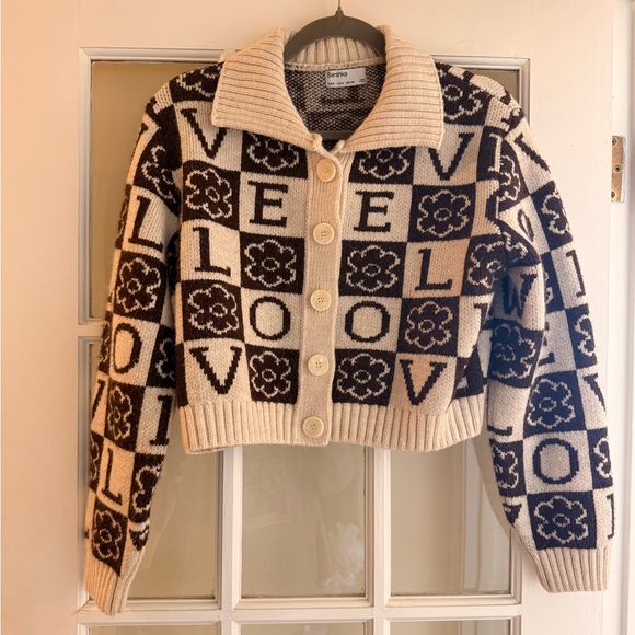 Bershka Sweaters - Bershka Beige and Dark Brown Patterned Cardigan